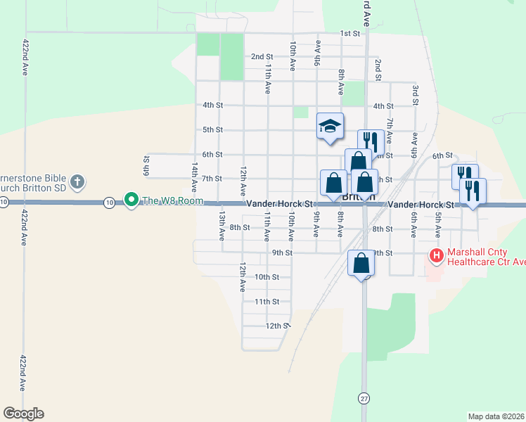map of restaurants, bars, coffee shops, grocery stores, and more near 752 11th Avenue in Britton