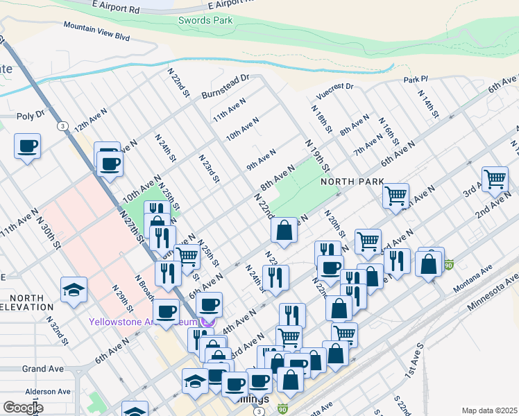 map of restaurants, bars, coffee shops, grocery stores, and more near 2212 7th Avenue North in Billings