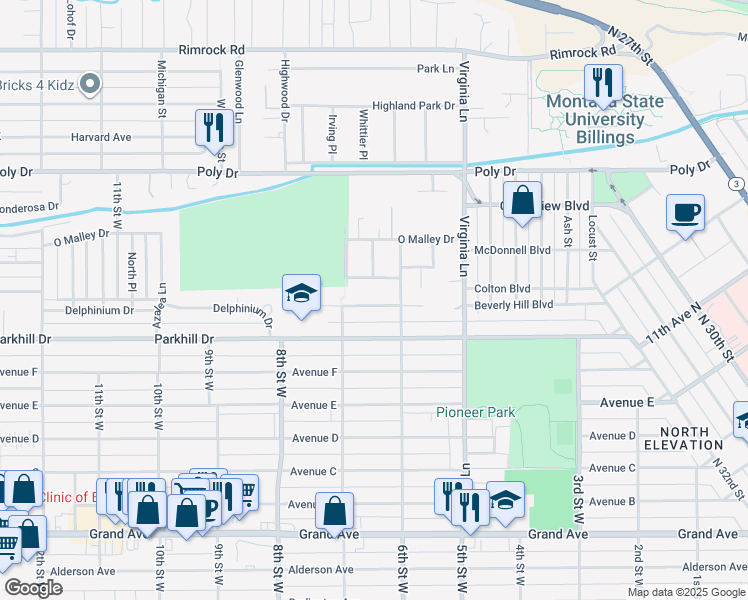 map of restaurants, bars, coffee shops, grocery stores, and more near 623 Beverly Hill Boulevard in Billings