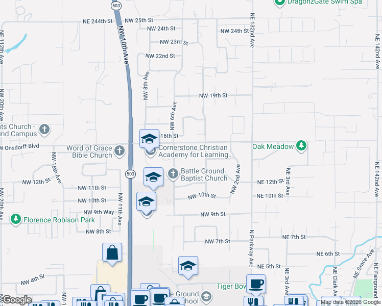 map of restaurants, bars, coffee shops, grocery stores, and more near 1316 Northwest 5th Court in Battle Ground