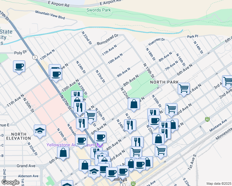 map of restaurants, bars, coffee shops, grocery stores, and more near 716 North 23rd Street in Billings