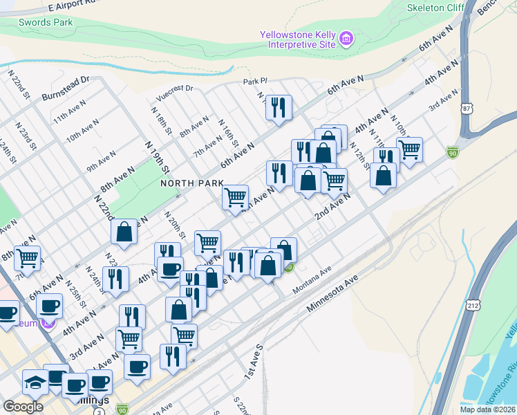 map of restaurants, bars, coffee shops, grocery stores, and more near 1613 3rd Avenue North in Billings