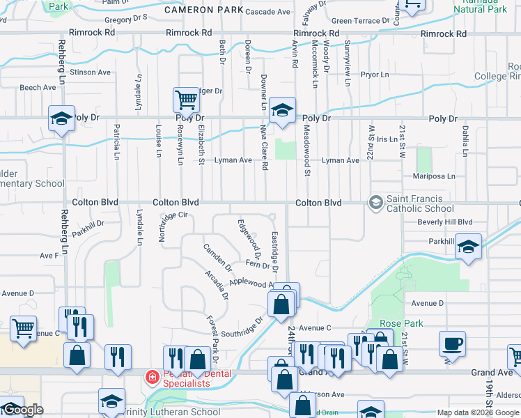 map of restaurants, bars, coffee shops, grocery stores, and more near 2053 Edgewood Drive in Billings