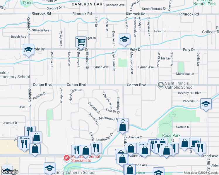 map of restaurants, bars, coffee shops, grocery stores, and more near 2053 Edgewood Drive in Billings