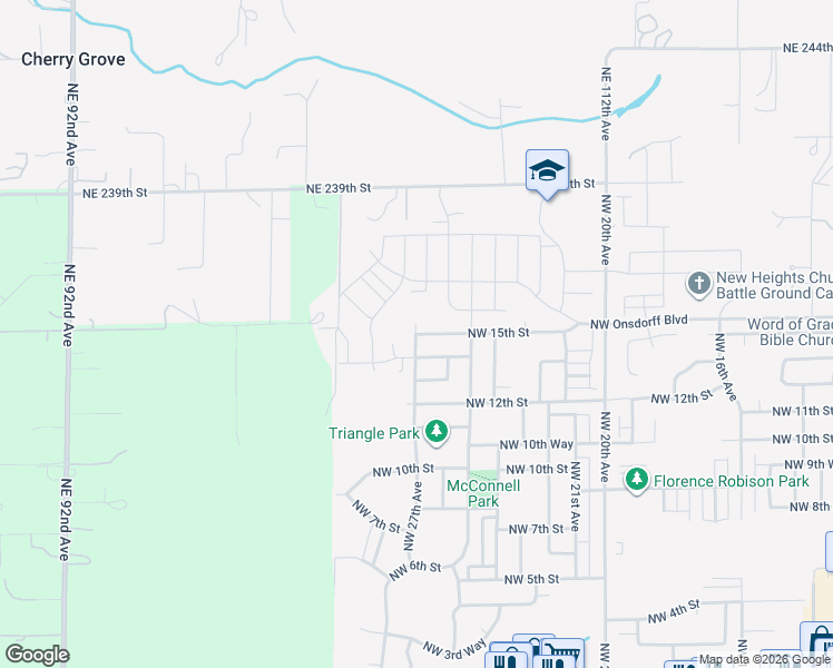 map of restaurants, bars, coffee shops, grocery stores, and more near 3416 Northwest 15th Street in Battle Ground