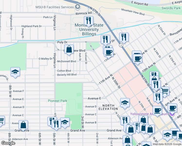 map of restaurants, bars, coffee shops, grocery stores, and more near 1128 N 32nd St in Billings