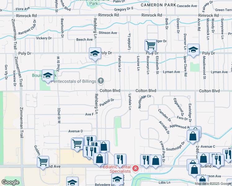map of restaurants, bars, coffee shops, grocery stores, and more near 2850 Colton Boulevard in Billings