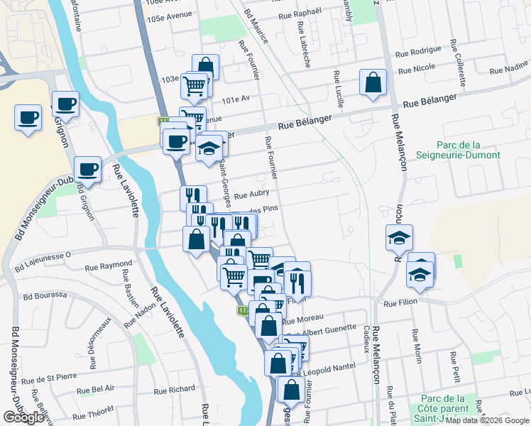 map of restaurants, bars, coffee shops, grocery stores, and more near 238 Rue des Pins in Saint-Jérôme