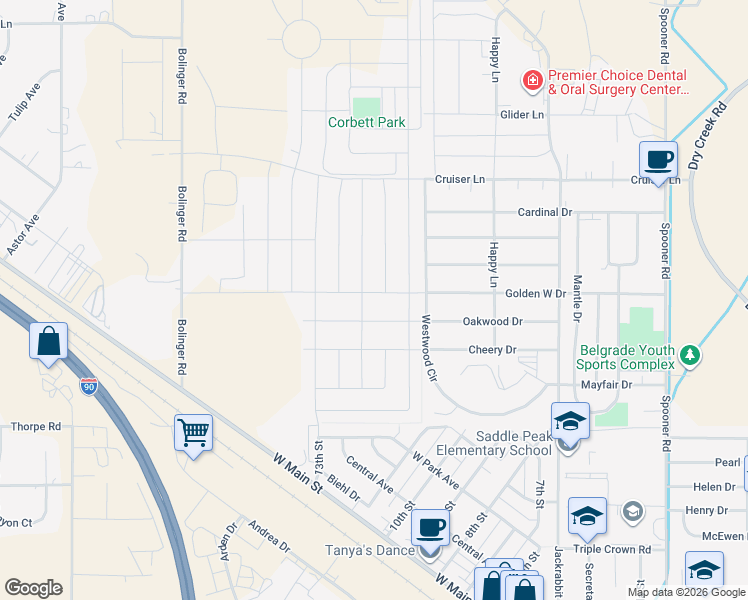 map of restaurants, bars, coffee shops, grocery stores, and more near 1516 Oakwood Drive in Belgrade