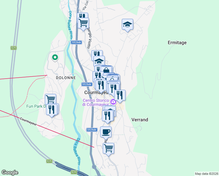 map of restaurants, bars, coffee shops, grocery stores, and more near 3 Via Roma in Courmayeur