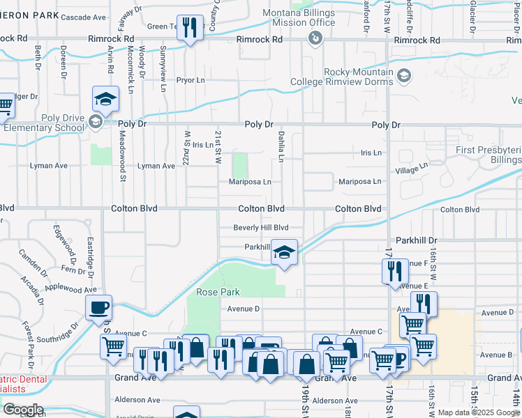 map of restaurants, bars, coffee shops, grocery stores, and more near 2099 20th Street West in Billings