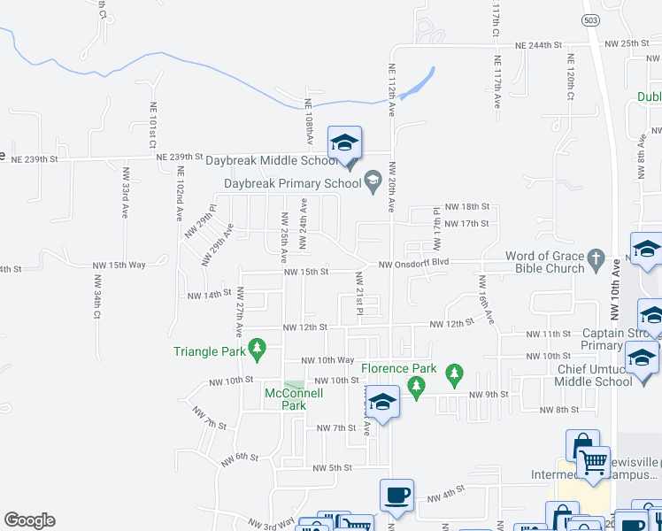 map of restaurants, bars, coffee shops, grocery stores, and more near 2214 Northwest 15th Street in Battle Ground