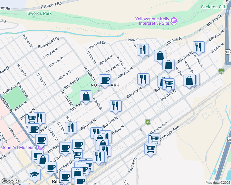map of restaurants, bars, coffee shops, grocery stores, and more near 499 North 18th Street in Billings