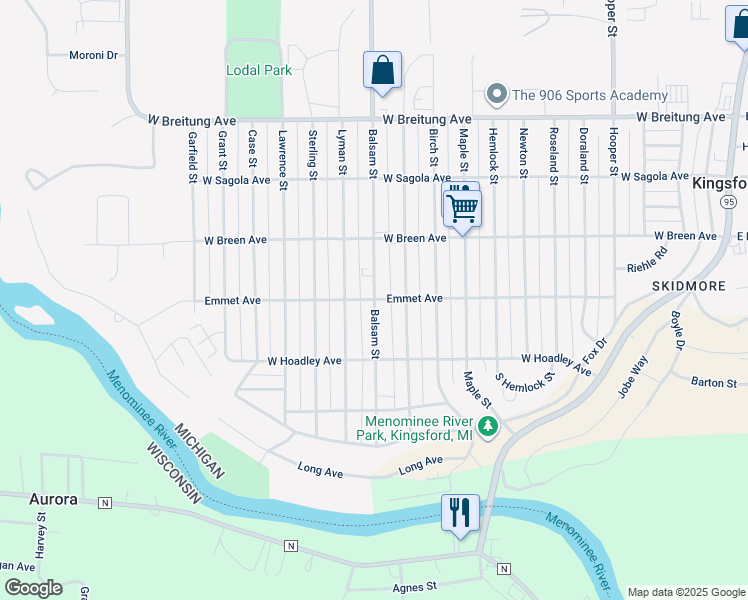 map of restaurants, bars, coffee shops, grocery stores, and more near 400 Balsam Street in Kingsford