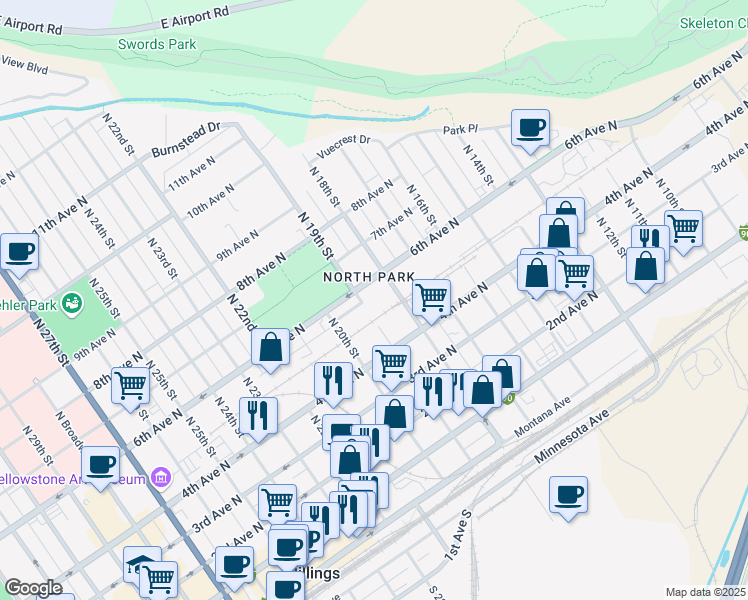 map of restaurants, bars, coffee shops, grocery stores, and more near 1800 6th Avenue North in Billings