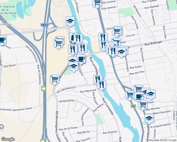 map of restaurants, bars, coffee shops, grocery stores, and more near 39 Rue Lauzon in Saint-Jérôme