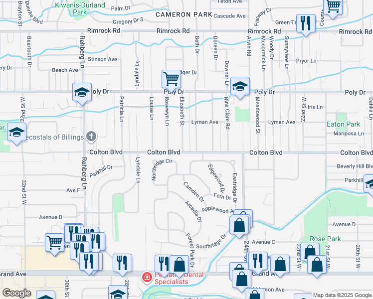 map of restaurants, bars, coffee shops, grocery stores, and more near 2617 Colton Boulevard in Billings