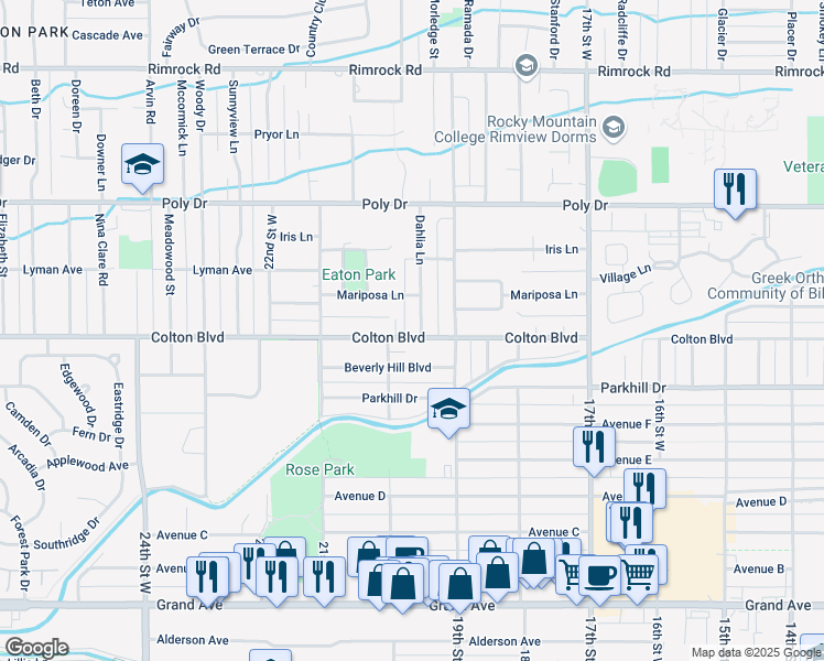map of restaurants, bars, coffee shops, grocery stores, and more near 2115 Dahlia Ln in Billings