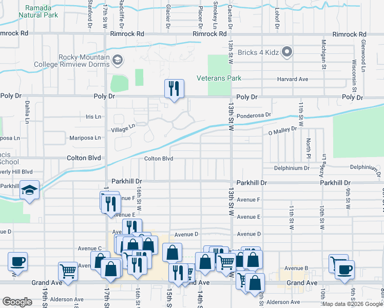map of restaurants, bars, coffee shops, grocery stores, and more near 1418 Crawford Drive in Billings