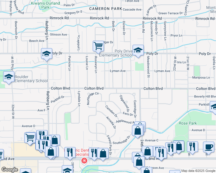 map of restaurants, bars, coffee shops, grocery stores, and more near 2615 Colton Boulevard in Billings