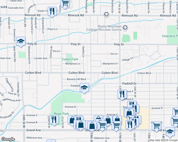 map of restaurants, bars, coffee shops, grocery stores, and more near 1820 South Mariposa Lane in Billings