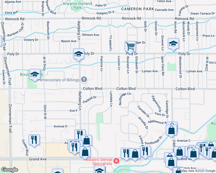map of restaurants, bars, coffee shops, grocery stores, and more near 2113 Patricia Lane in Billings