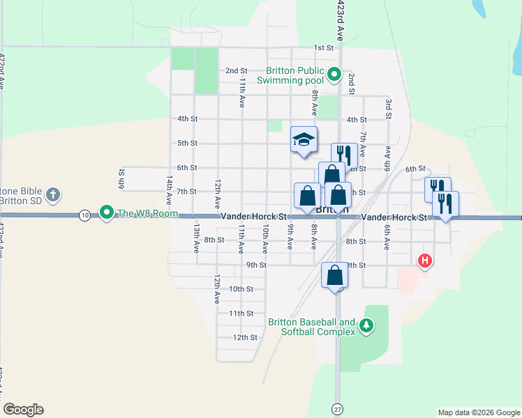 map of restaurants, bars, coffee shops, grocery stores, and more near 700-798 10th Ave in Britton