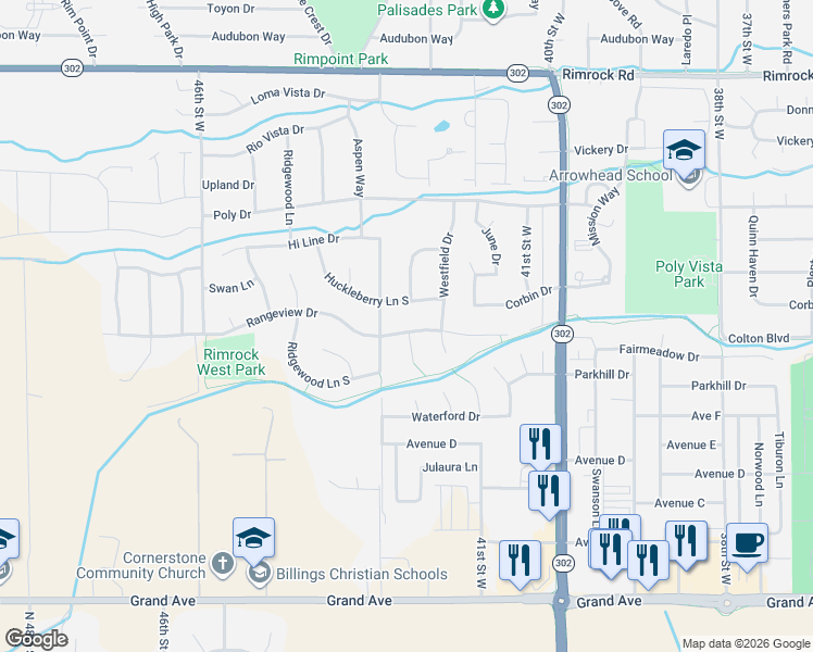 map of restaurants, bars, coffee shops, grocery stores, and more near 4271 Rangeview Drive in Billings