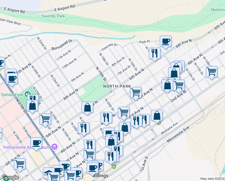 map of restaurants, bars, coffee shops, grocery stores, and more near 1899 6th Avenue North in Billings