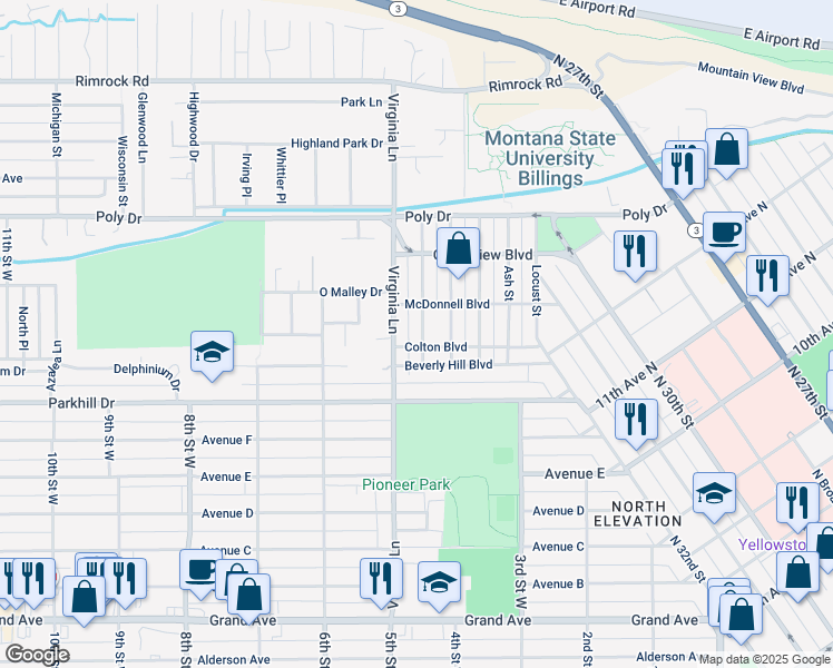 map of restaurants, bars, coffee shops, grocery stores, and more near 2208 Spruce Street in Billings