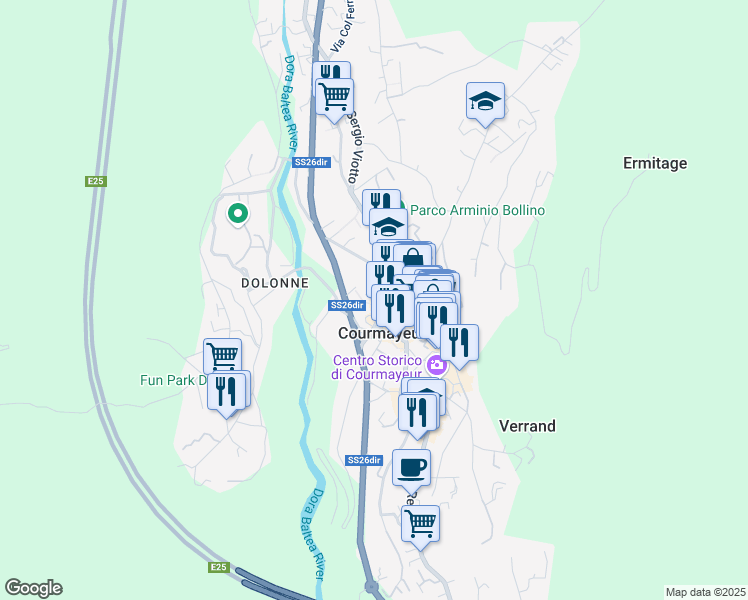 map of restaurants, bars, coffee shops, grocery stores, and more near 106 Via Circonvallazione in Courmayeur