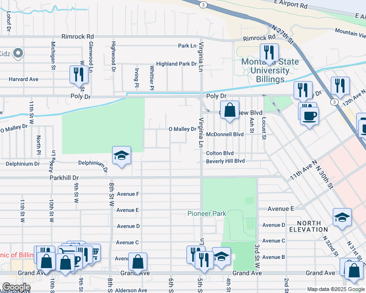 map of restaurants, bars, coffee shops, grocery stores, and more near 2225 Tree Lane in Billings