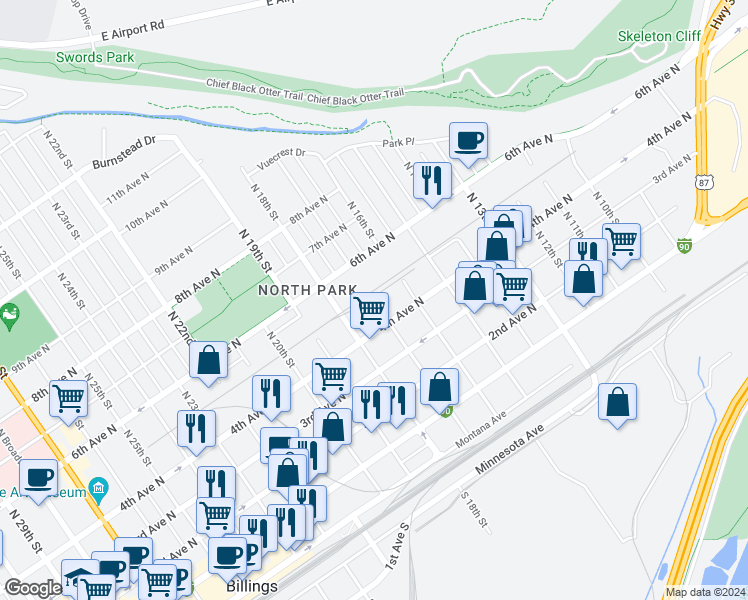 map of restaurants, bars, coffee shops, grocery stores, and more near 499 North 17th Street in Billings
