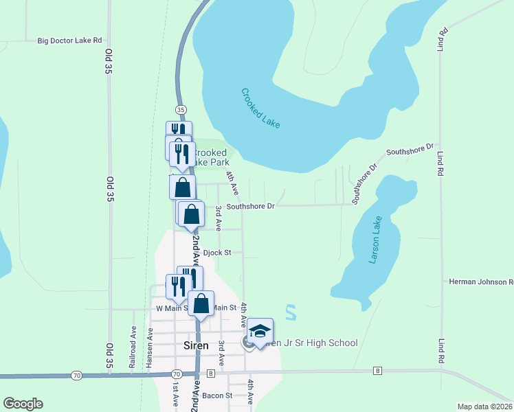 map of restaurants, bars, coffee shops, grocery stores, and more near 7632 Southshore Drive in Siren