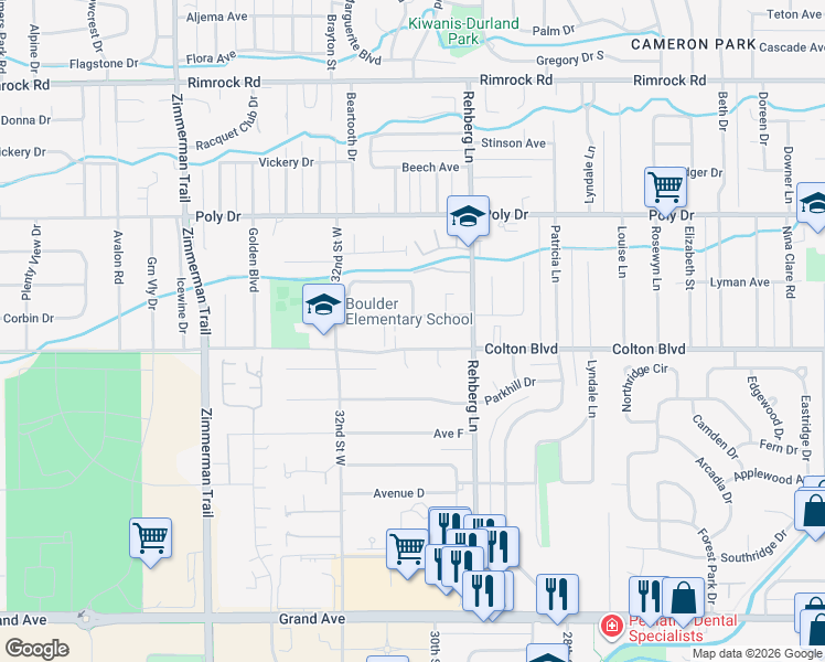 map of restaurants, bars, coffee shops, grocery stores, and more near 3042 Boulder Avenue in Billings