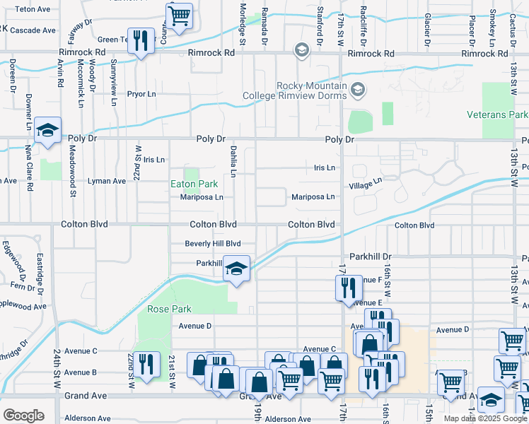 map of restaurants, bars, coffee shops, grocery stores, and more near 1820 South Mariposa Lane in Billings