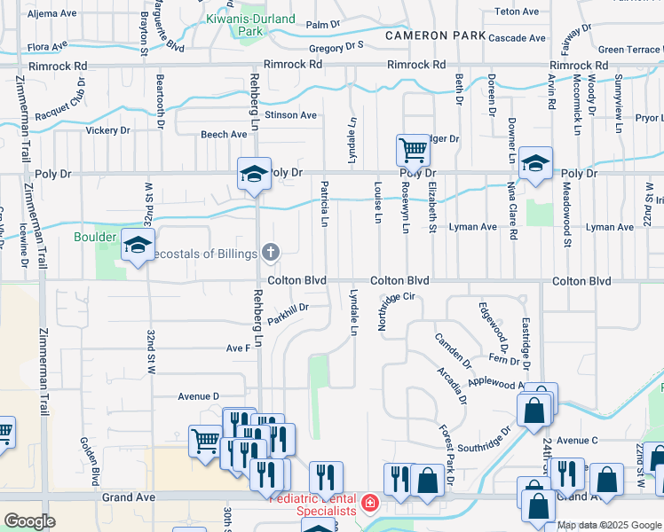 map of restaurants, bars, coffee shops, grocery stores, and more near 2113 Patricia Lane in Billings