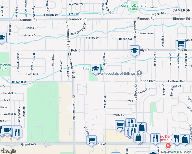 map of restaurants, bars, coffee shops, grocery stores, and more near 2202 32nd Street West in Billings