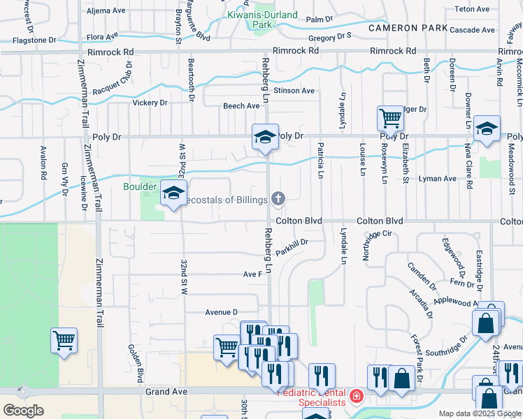 map of restaurants, bars, coffee shops, grocery stores, and more near 3016 Boulder Avenue in Billings