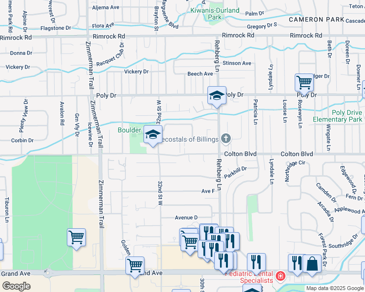 map of restaurants, bars, coffee shops, grocery stores, and more near 3116 Boulder Avenue in Billings