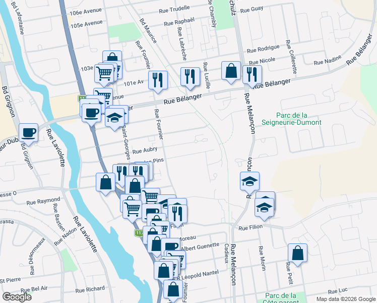 map of restaurants, bars, coffee shops, grocery stores, and more near 301 Rue des Pins in Saint-Jérôme
