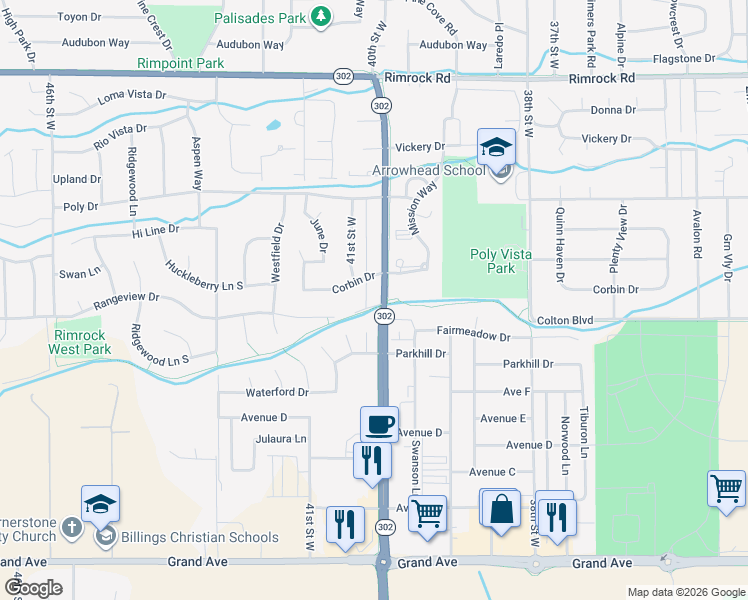 map of restaurants, bars, coffee shops, grocery stores, and more near 2106 South Shiloh Road in Billings
