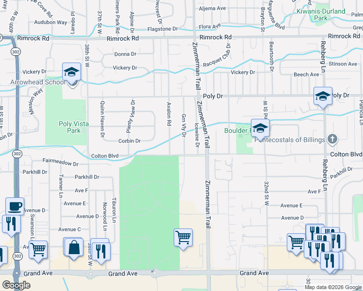 map of restaurants, bars, coffee shops, grocery stores, and more near 2116 Green Valley Drive in Billings