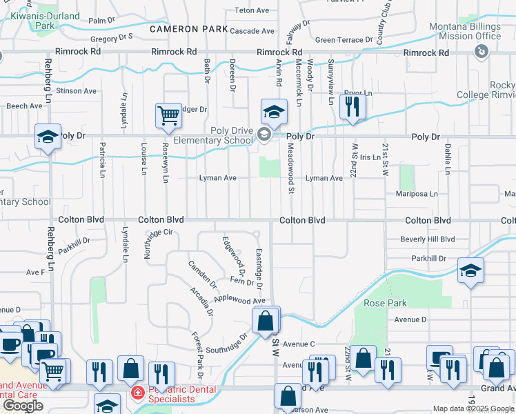 map of restaurants, bars, coffee shops, grocery stores, and more near 2115 Nina Clare Road in Billings