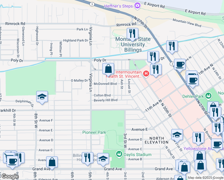 map of restaurants, bars, coffee shops, grocery stores, and more near 2212 Elm Street in Billings