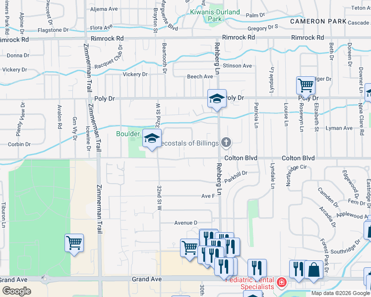 map of restaurants, bars, coffee shops, grocery stores, and more near 3116 Boulder Avenue in Billings
