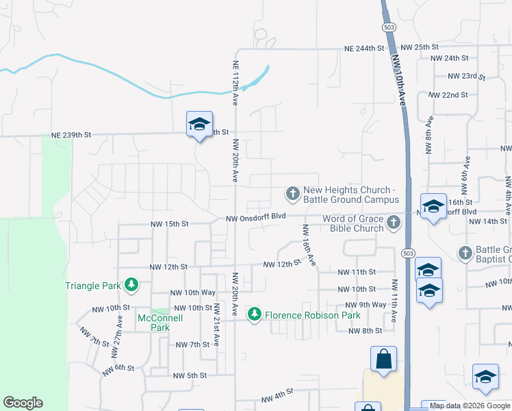 map of restaurants, bars, coffee shops, grocery stores, and more near 1805 Northwest 16th Street in Battle Ground