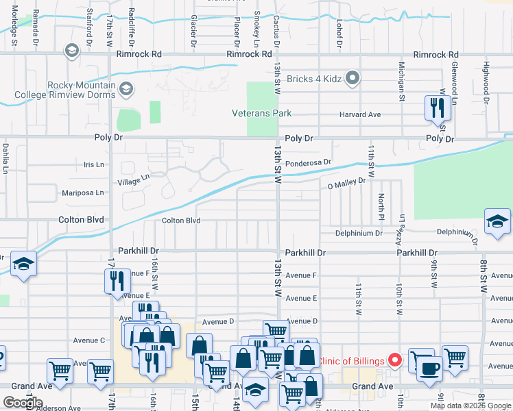 map of restaurants, bars, coffee shops, grocery stores, and more near 1320 Crawford Drive in Billings