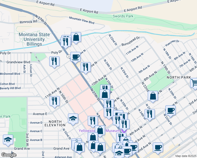 map of restaurants, bars, coffee shops, grocery stores, and more near 2519 10th Avenue North in Billings