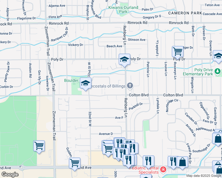 map of restaurants, bars, coffee shops, grocery stores, and more near 3042 Boulder Avenue in Billings